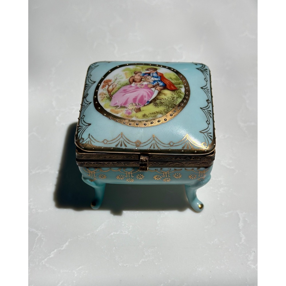 Vintage Porcelain Footed Trinket Box Blue Gold Gilt Courting Couple Beehive Mark